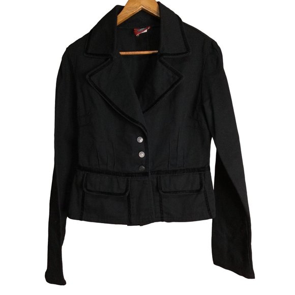 Red Balls on Fire Jackets & Blazers - Red Balls on Fire Velbon Denim Blazer Jacket Velvet Trim Collared Black Large
